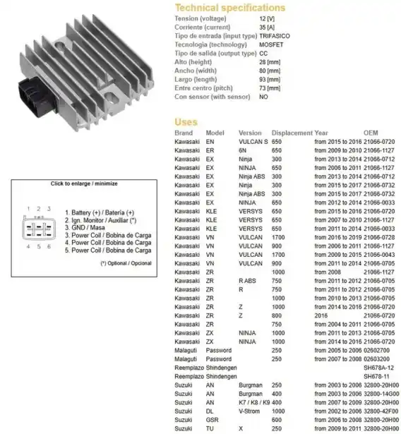 DZE REGULATOR NAPIĘCIA KAWASAKI EX 300/650 NINJA ‘06-‘17; KLE 650 VERSYS ‘07-‘16; VN 900/1700 ‘06-‘19; ZR 750/800/1000 ‘04-‘16; Bestseller
